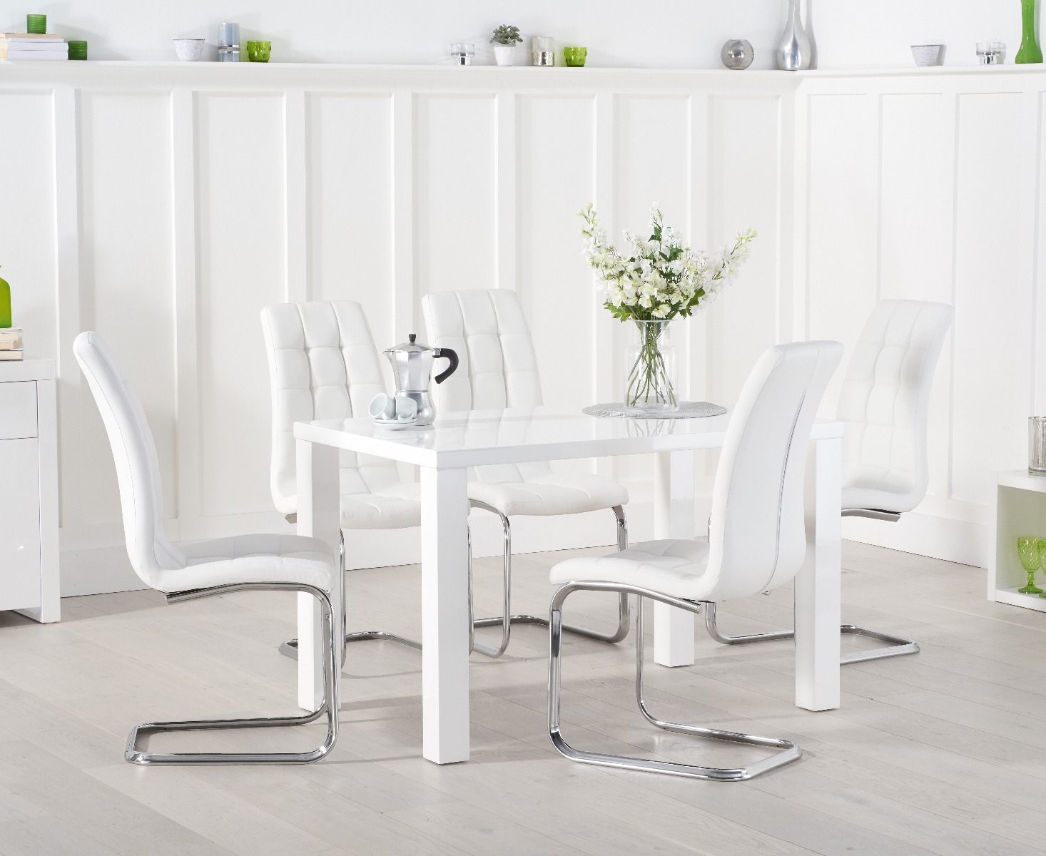 Product photograph of Seattle 120cm White High Gloss Dining Table With 6 Grey Vigo Chairs from Oak Furniture Superstore