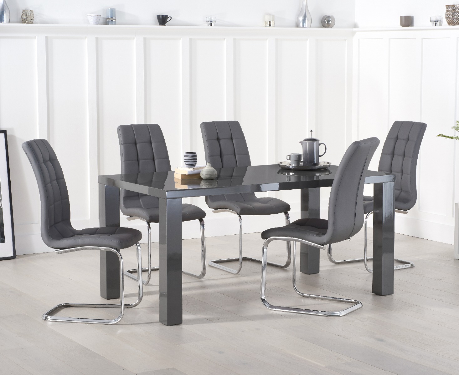 Product photograph of Seattle 160cm Dark Grey High Gloss Dining Table With 8 White Vigo Chairs from Oak Furniture Superstore
