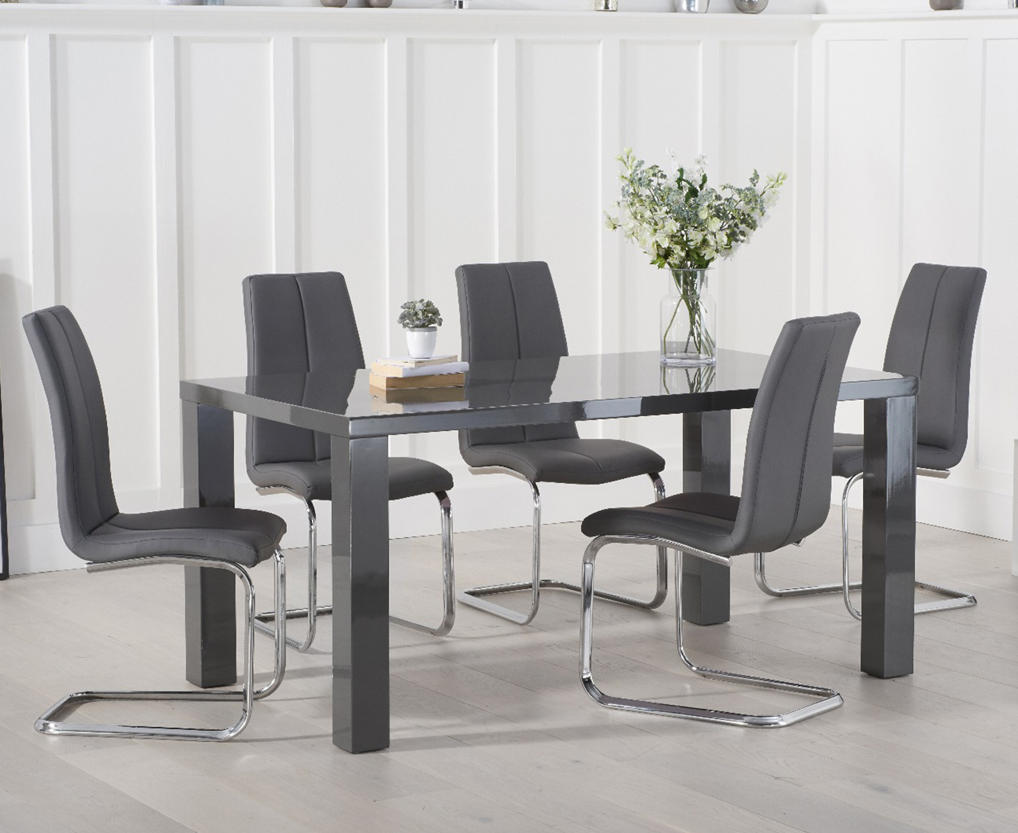 Product photograph of Seattle 160cm Dark Grey High Gloss Dining Table With 8 Grey Gianni Chairs from Oak Furniture Superstore