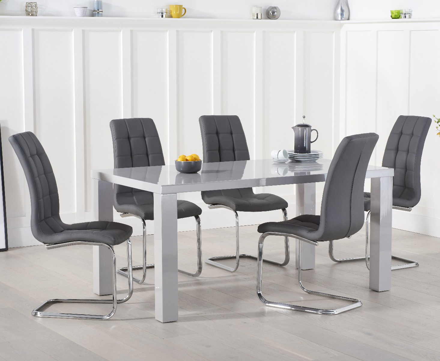 Product photograph of Seattle 160cm Light Grey High Gloss Dining Table With 8 White Vigo Chairs from Oak Furniture Superstore