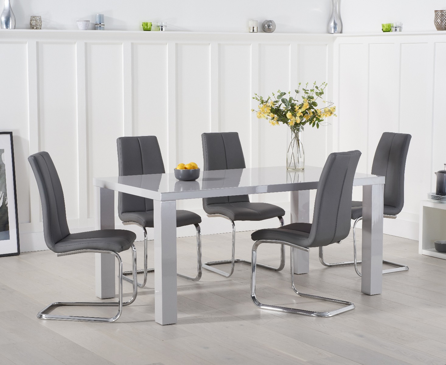 Product photograph of Atlanta 160cm Light Grey High Gloss Dining Table With 6 Grey Gianni Chairs from Oak Furniture Superstore