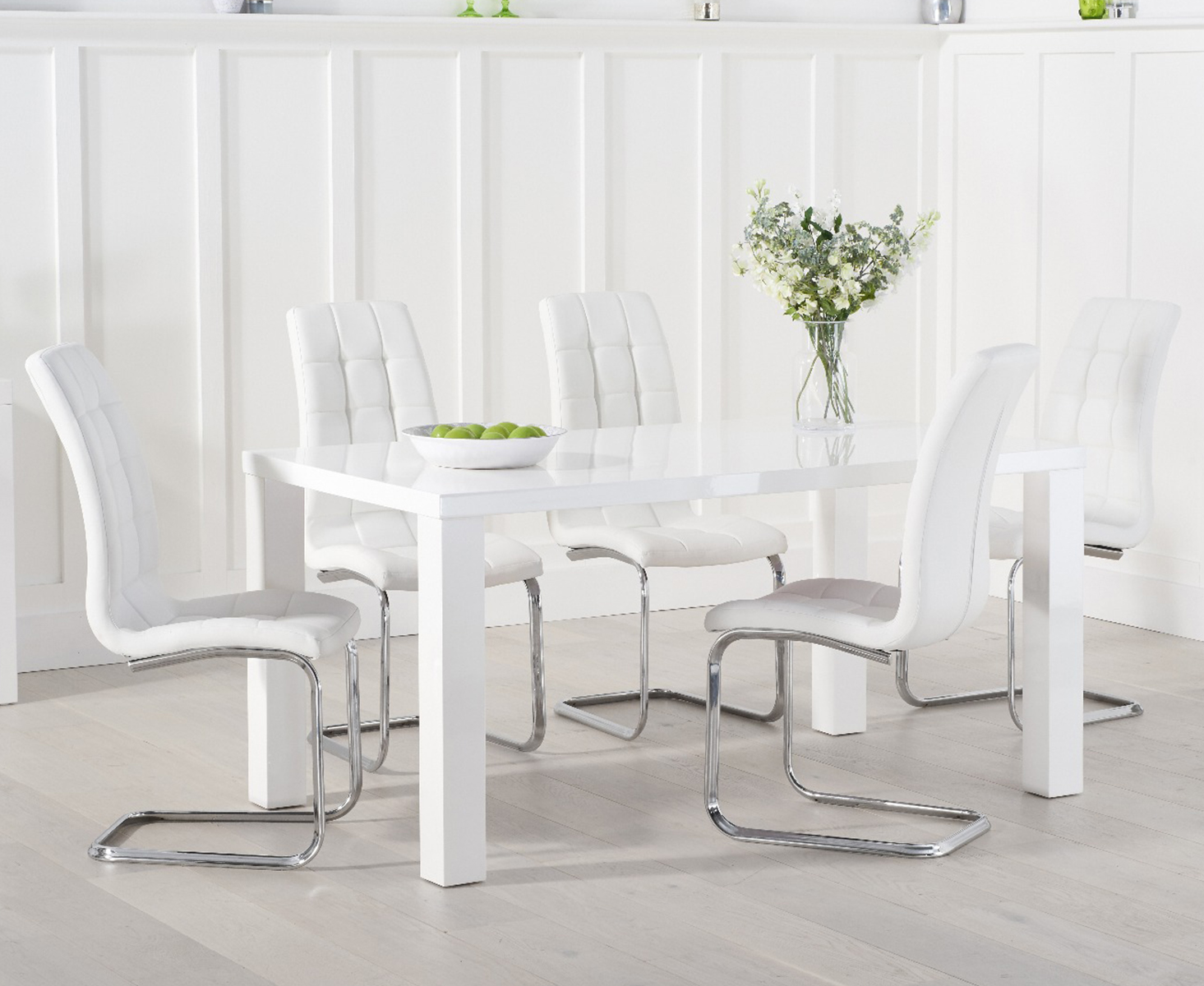 Product photograph of Seattle 160cm White High Gloss Dining Table With 6 Grey Vigo Chairs from Oak Furniture Superstore