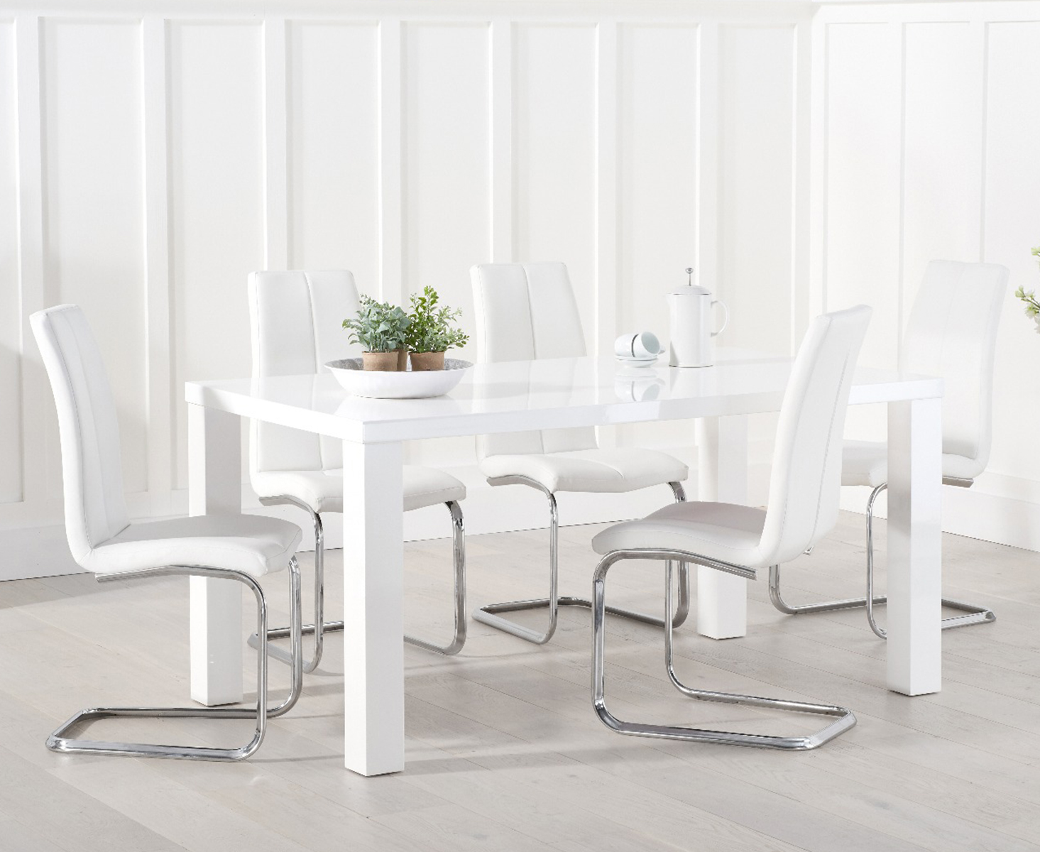 Product photograph of Atlanta 160cm White High Gloss Dining Table With 6 Grey Gianni Chairs from Oak Furniture Superstore