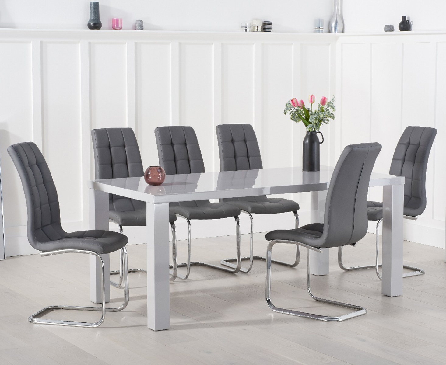 Product photograph of Seattle 200cm Light Grey High Gloss Dining Table With 10 Grey Vigo Chairs from Oak Furniture Superstore