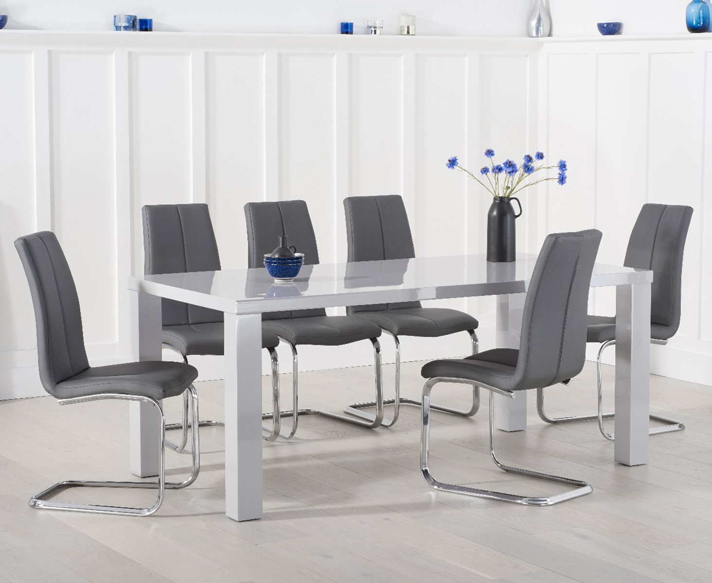 Product photograph of Atlanta 200cm Light Grey High Gloss Dining Table With 8 Grey Gianni Chairs from Oak Furniture Superstore