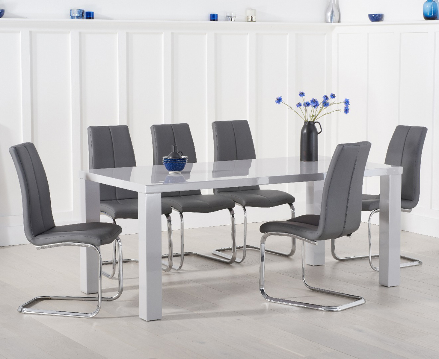 Product photograph of Seattle 200cm Light Grey High Gloss Dining Table With 10 Grey Gianni Chairs from Oak Furniture Superstore