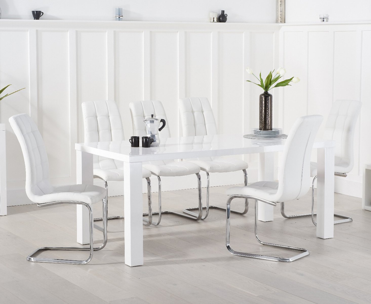 Seattle 200cm White High Gloss Dining Table With 6 Black Vigo Chairs