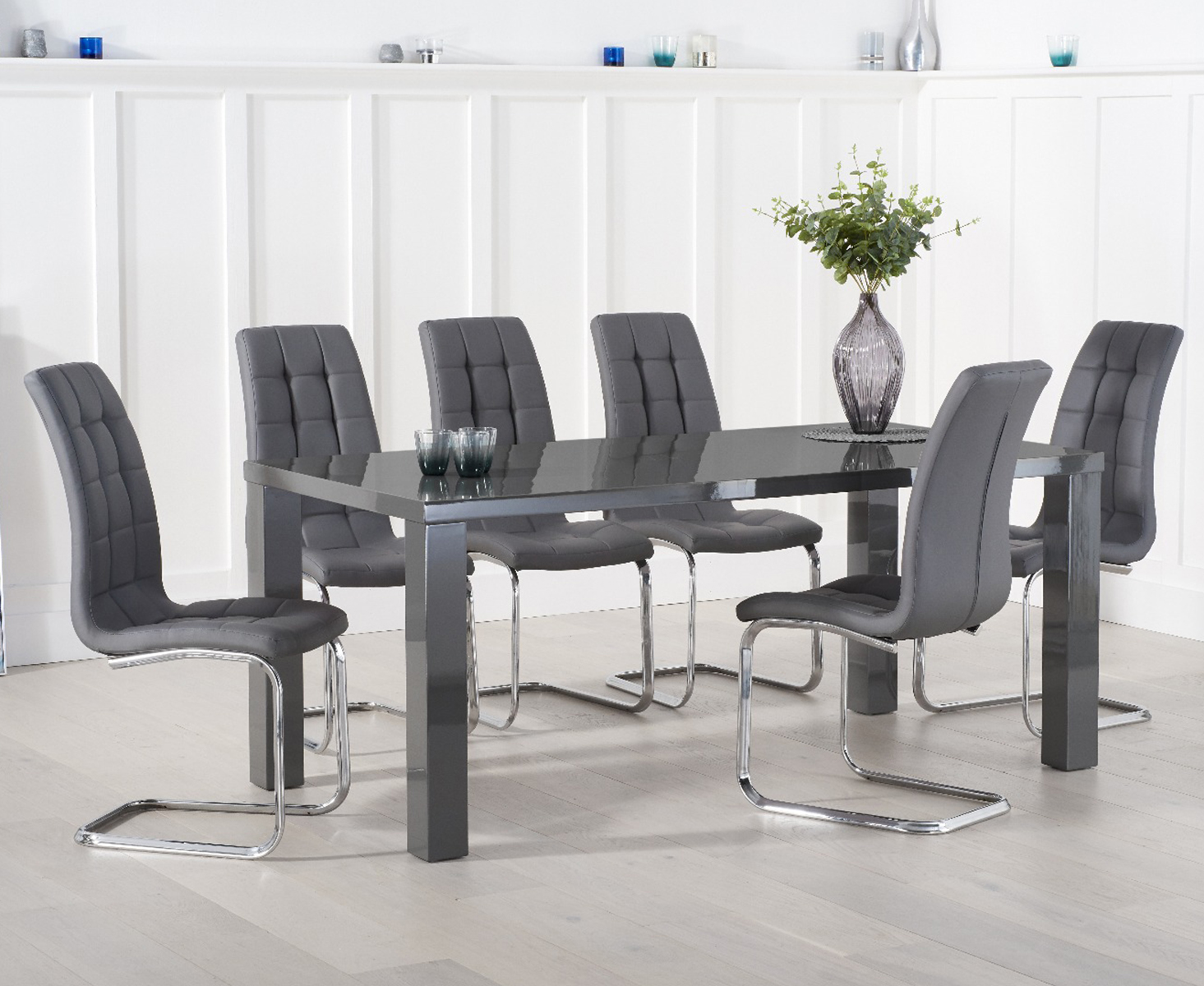 Product photograph of Seattle 200cm Dark Grey High Gloss Dining Table With 6 Grey Vigo Chairs from Oak Furniture Superstore