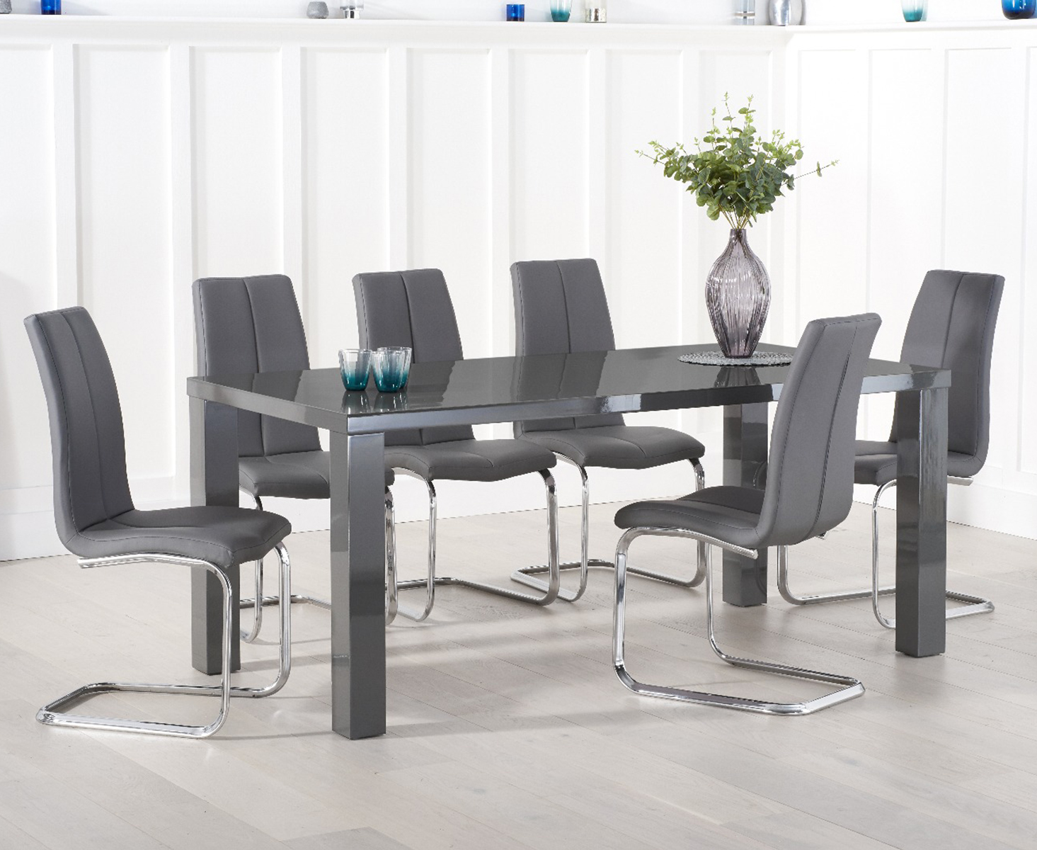 Product photograph of Atlanta 200cm Dark Grey High Gloss Dining Table With 8 Grey Gianni Chairs from Oak Furniture Superstore