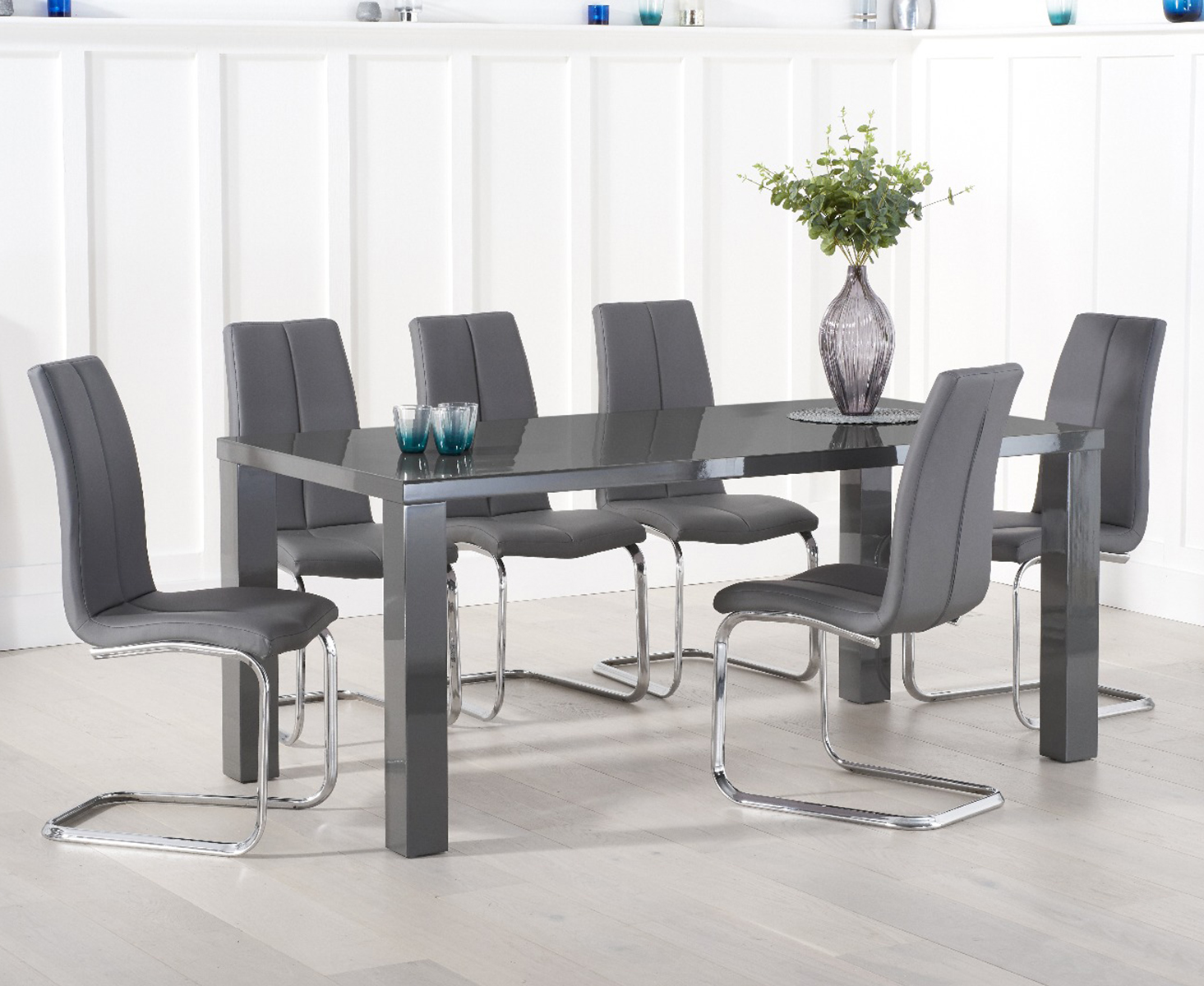 Atlanta 200cm Dark Grey High Gloss Dining Table With 8 Grey Tarin Chairs