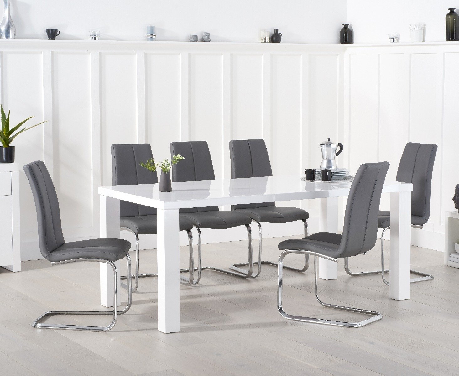 Product photograph of Seattle 200cm White High Gloss Dining Table With 6 Grey Gianni Chairs from Oak Furniture Superstore
