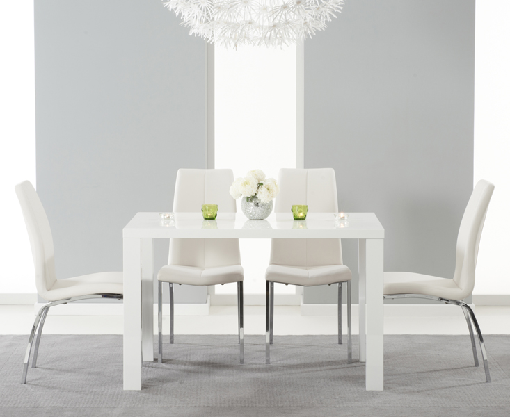 Product photograph of Seattle 120cm White High Gloss Dining Table With 6 Ivory White Marco Chairs from Oak Furniture Superstore