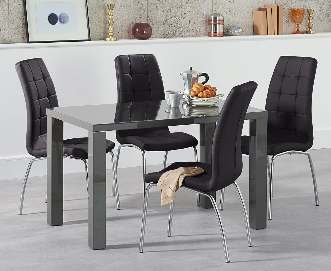 Product photograph of Atlanta 120cm Dark Grey High Gloss Dining Table With 6 Black Enzo Chairs from Oak Furniture Superstore