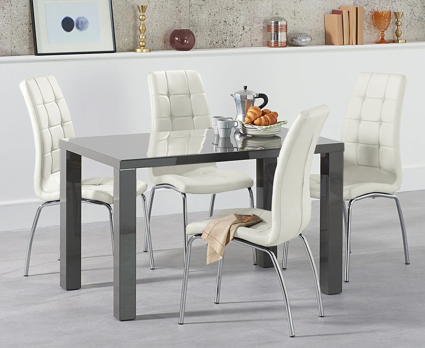 Photo 2 of Atlanta 120cm dark grey high gloss dining table with 4 cream enzo chairs