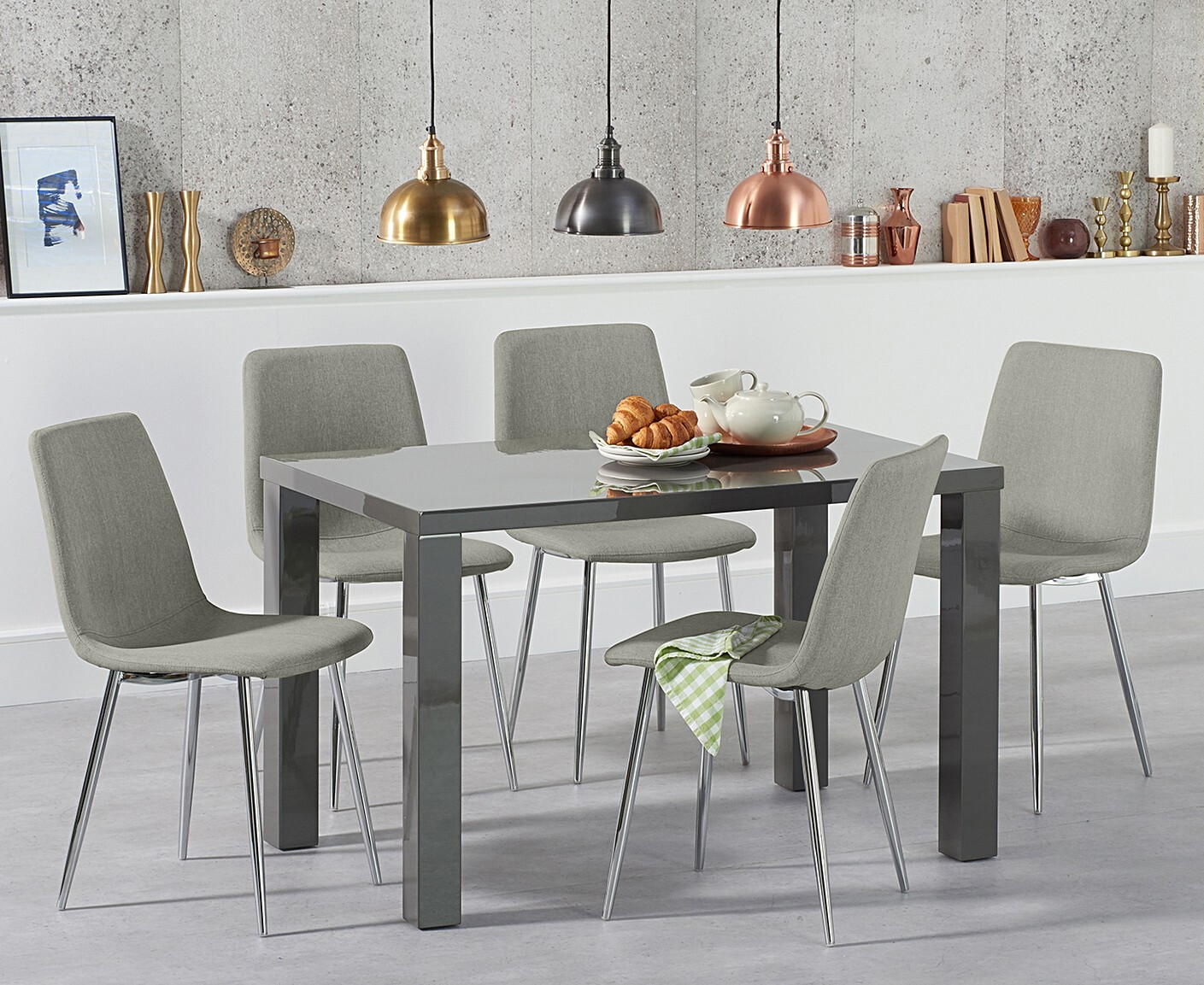 Product photograph of Seattle 120cm Dark Grey High Gloss Dining Table With 6 Grey Chairs from Oak Furniture Superstore