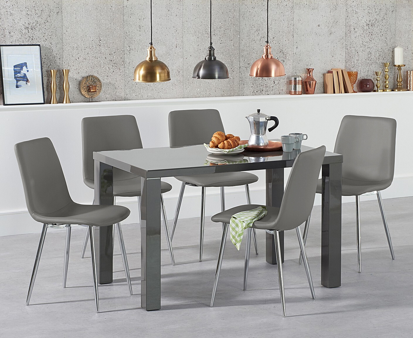 Atlanta 120cm Dark Grey High Gloss Dining Table With 6 Grey Astrid Faux Leather Chairs