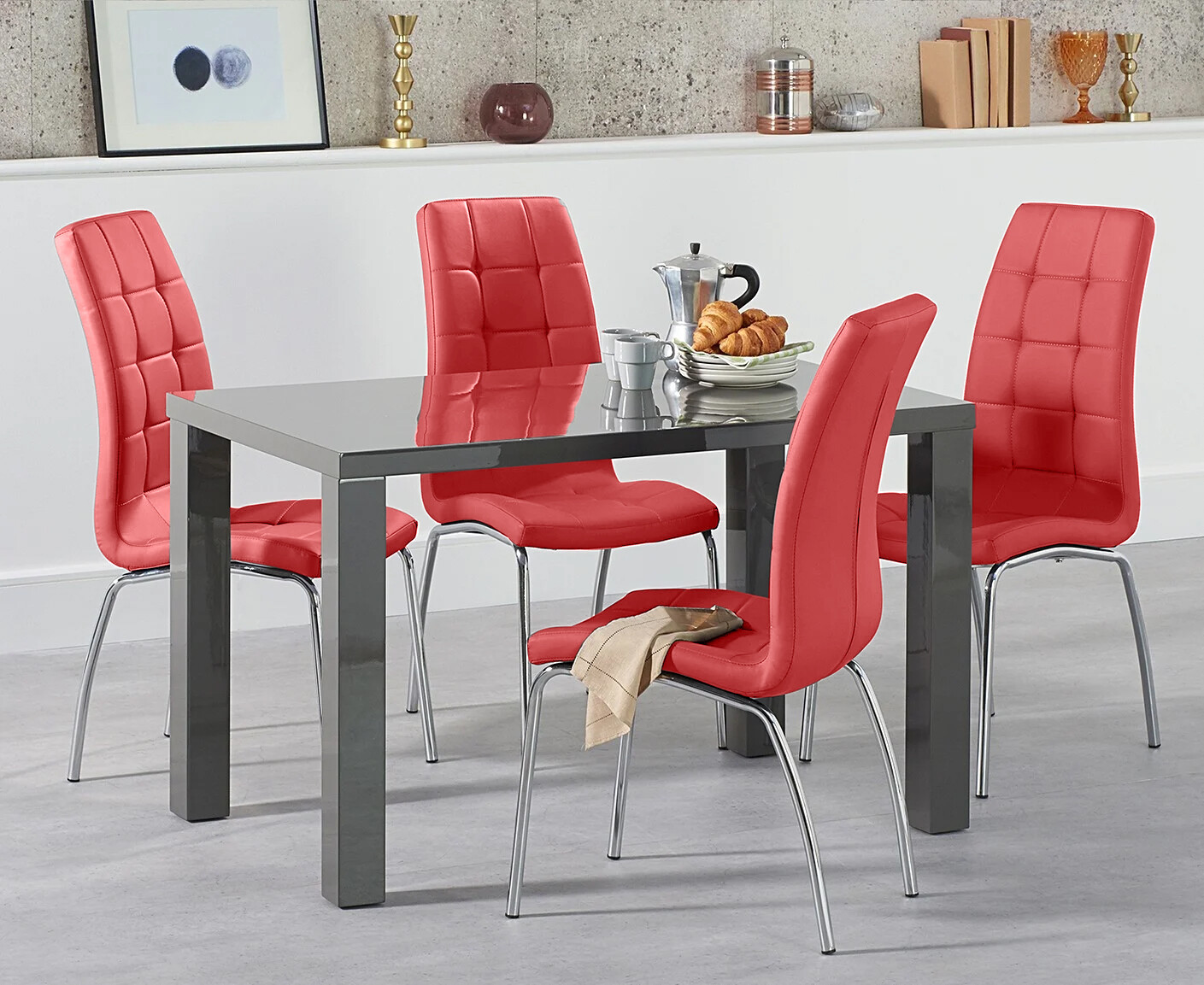 Photo 3 of Atlanta 120cm dark grey high gloss dining table with 4 red enzo chairs