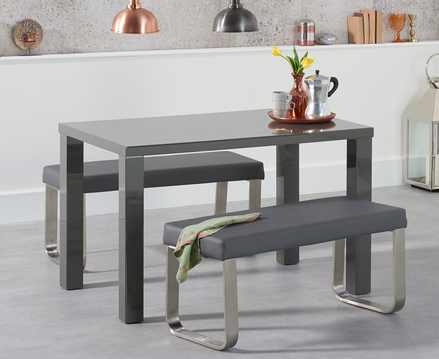 Product photograph of Atlanta 120cm Dark Grey High Gloss Dining Table With Atlanta Benches from Oak Furniture Superstore