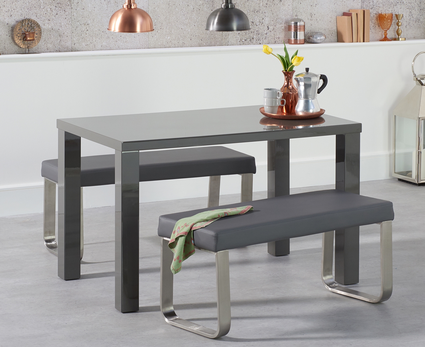 Atlanta 120cm Dark Grey High Gloss Dining Table With Austin Benches
