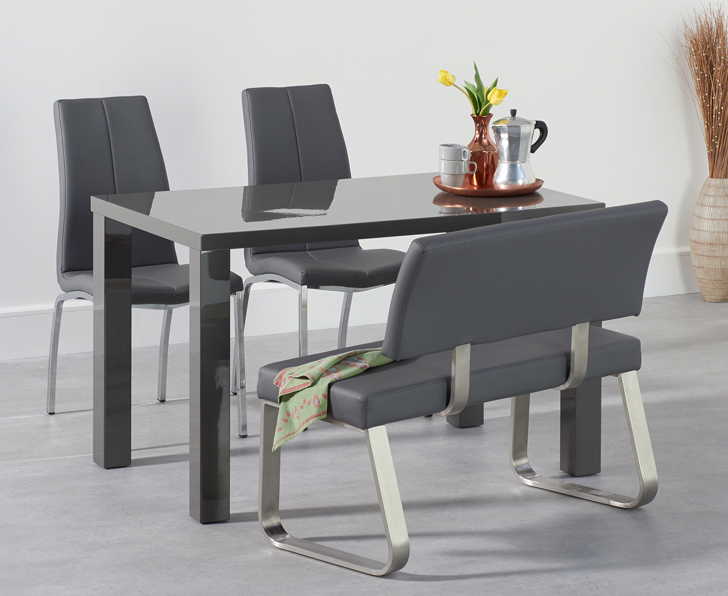Product photograph of Seattle 120cm Dark Grey High Gloss Dining Table With 2 Grey Marco Chairs With 2 Grey Benches from Oak Furniture Superstore