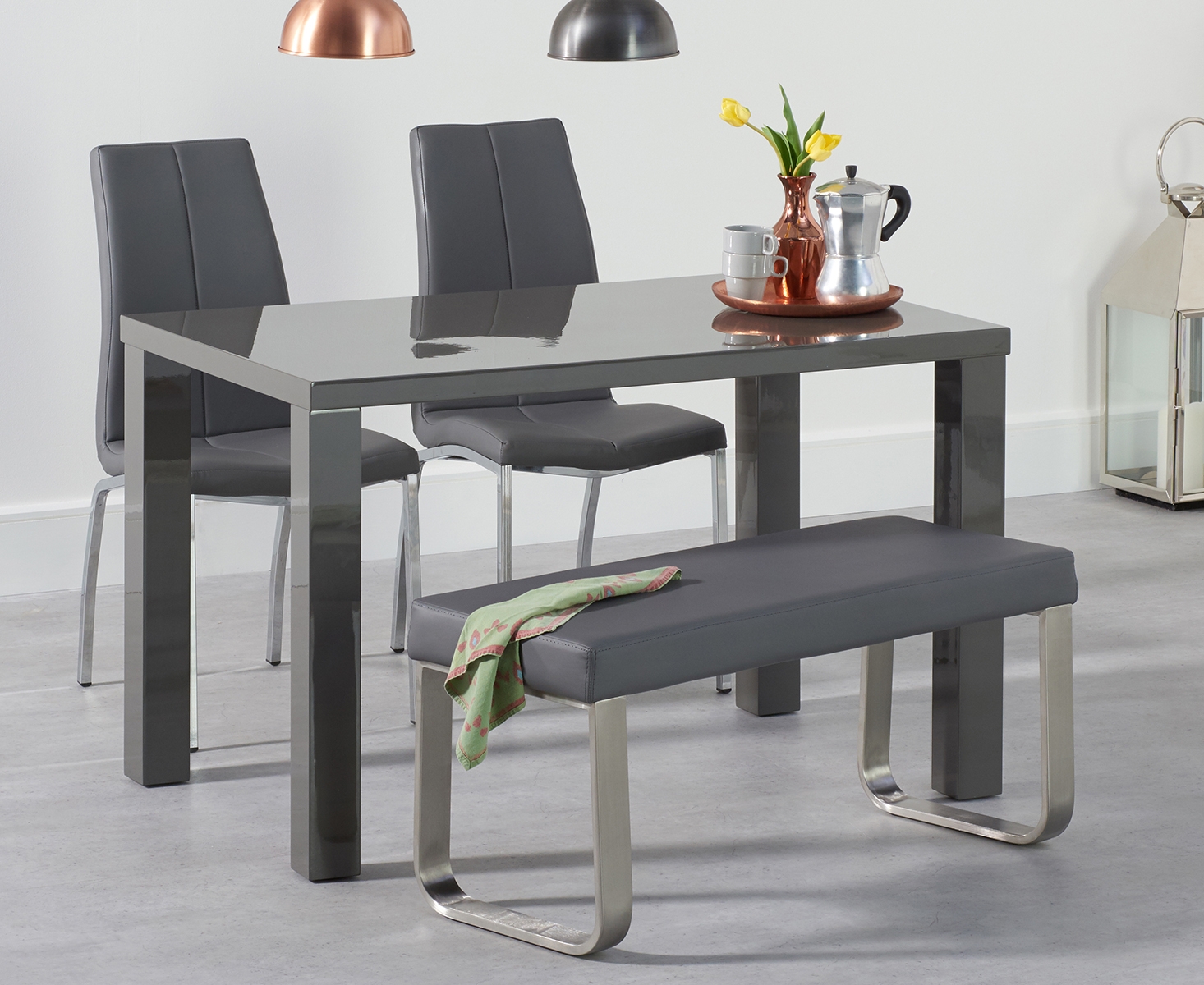 Seattle 120cm Dark Grey High Gloss Dining Table With 2 Grey Marco Chairs With 1 Grey Bench