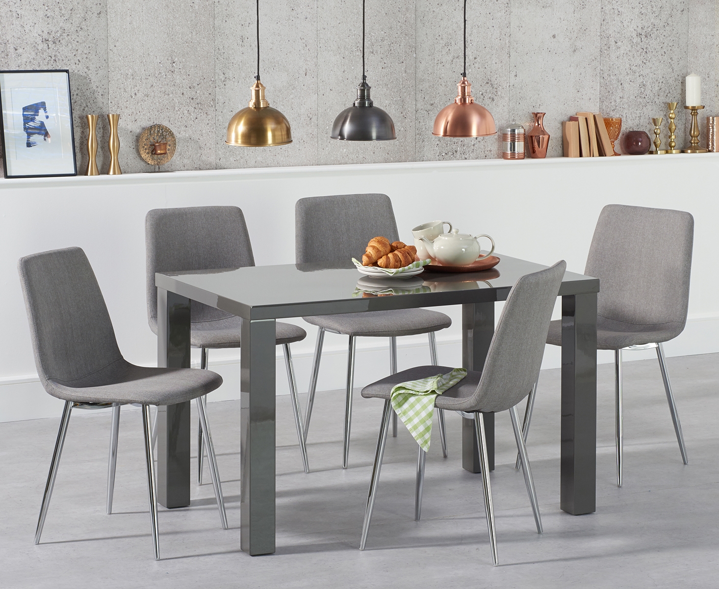 Atlanta 120cm Dark Grey High Gloss Dining Table With 6 Grey Astrid Fabric Chairs