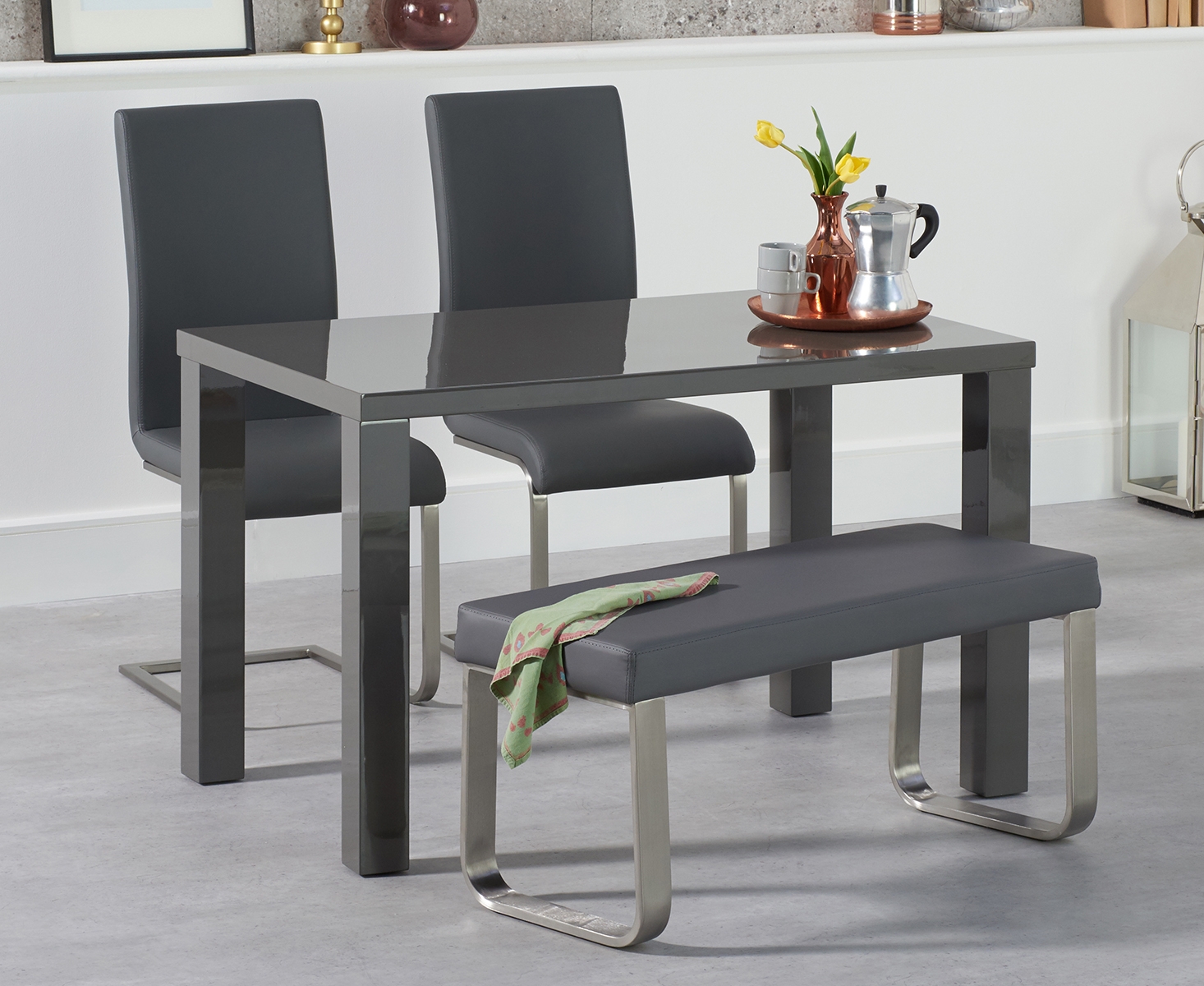 Seattle 120cm Dark Grey High Gloss Dining Table With 2 Grey Austin Chairs With 1 Grey Bench
