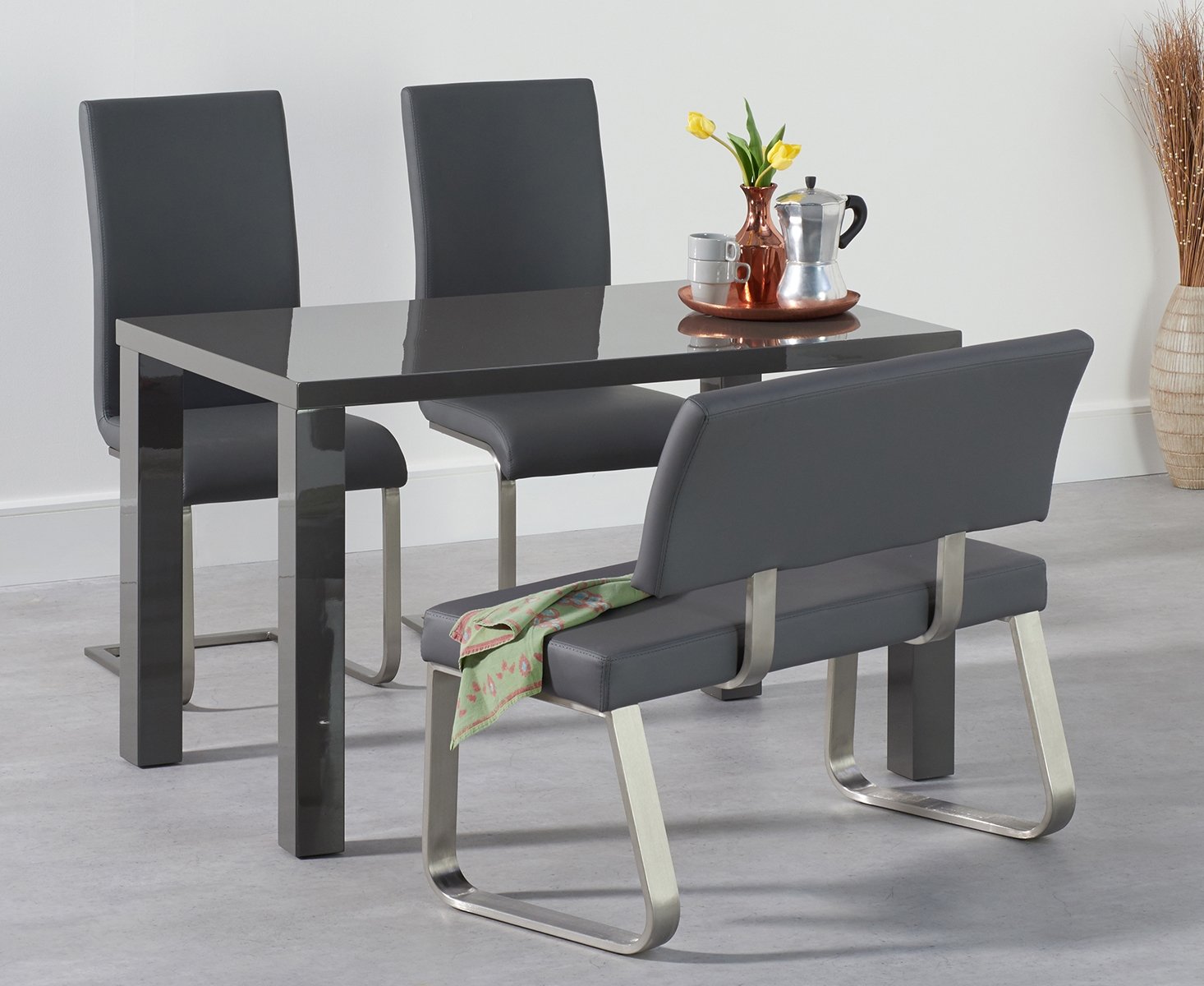 Product photograph of Seattle 120cm Dark Grey High Gloss Dining Table With 2 Grey Austin Chairs With 2 Grey Benches from Oak Furniture Superstore