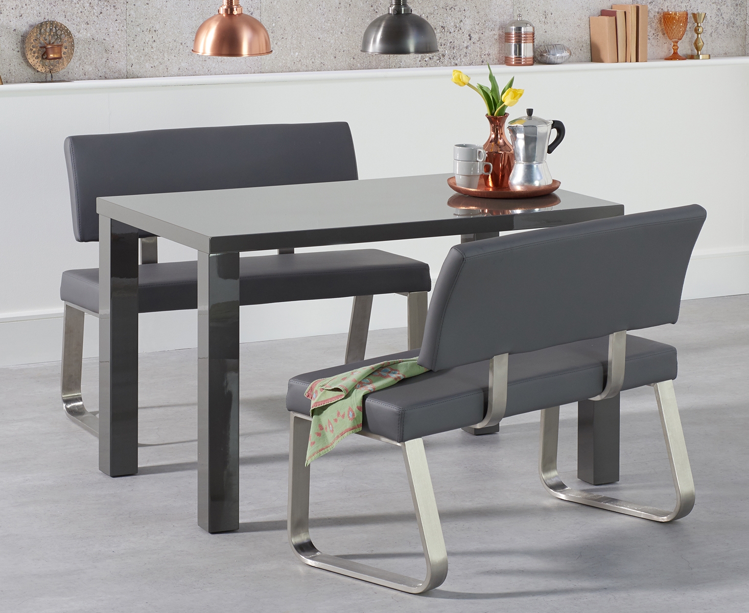 Product photograph of Atlanta 120cm Dark Grey High Gloss Dining Table With Malaga Benches from Oak Furniture Superstore