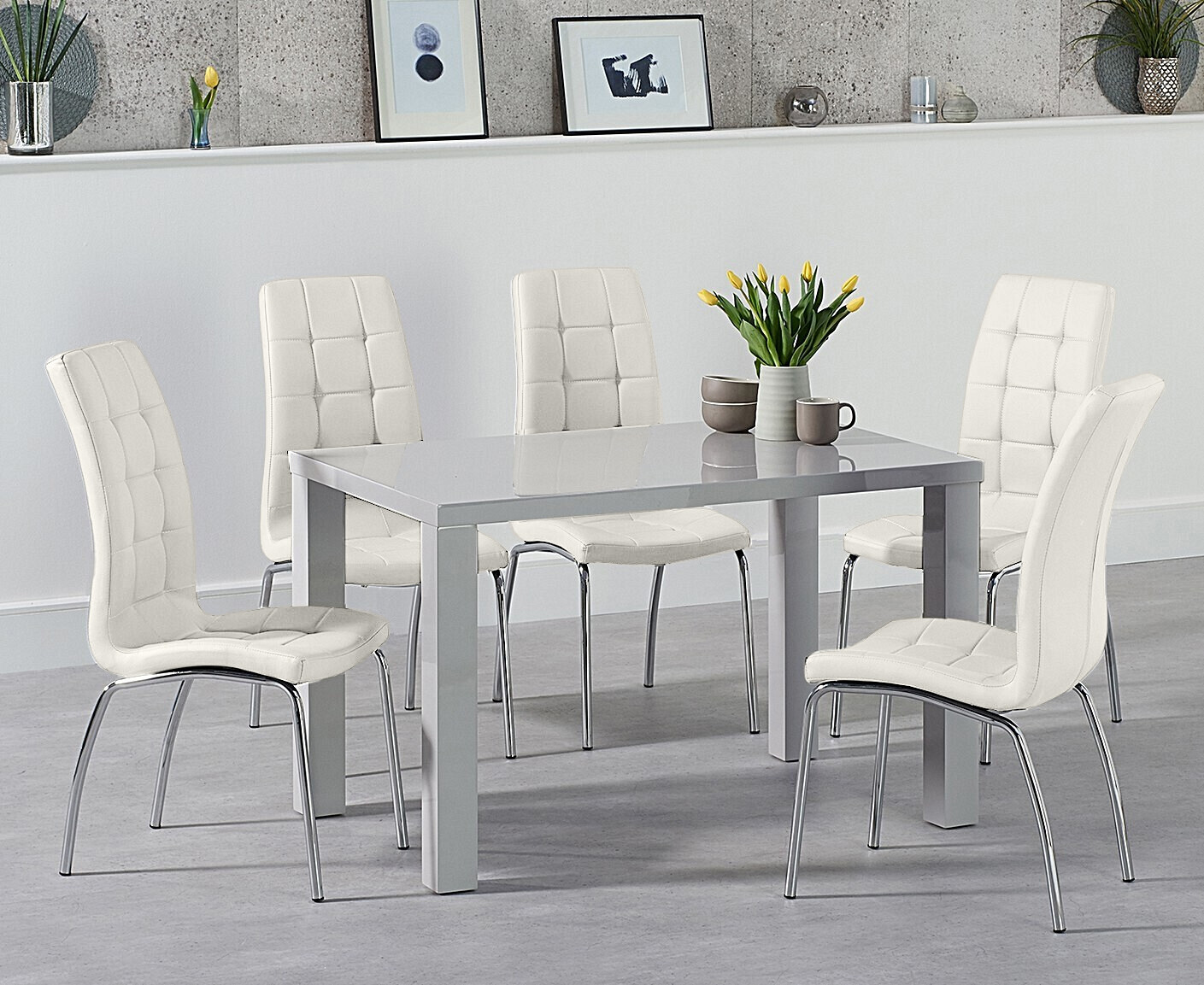 Photo 2 of Seattle 120cm light grey high gloss dining table with 4 grey enzo chairs