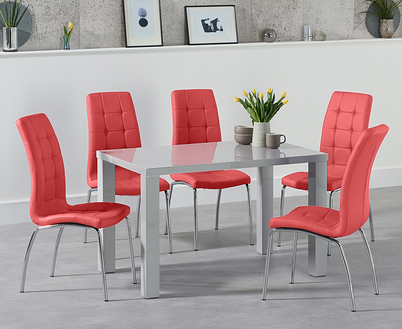 Photo 2 of Atlanta 120cm light grey gloss dining table with 4 red enzo chairs