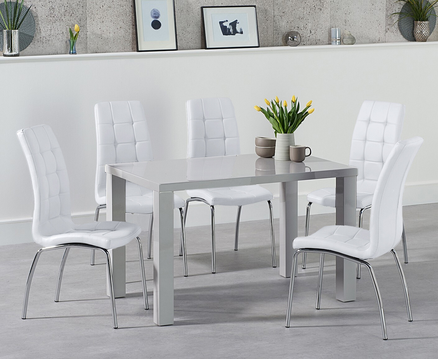 Photo 1 of Seattle 120cm light grey gloss dining table with 6 black enzo chairs
