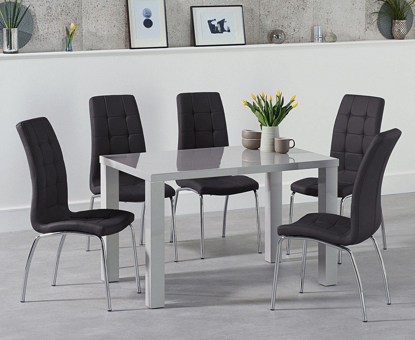 Product photograph of Seattle 120cm Light Grey High Gloss Dining Table With 6 Black Enzo Chairs from Oak Furniture Superstore
