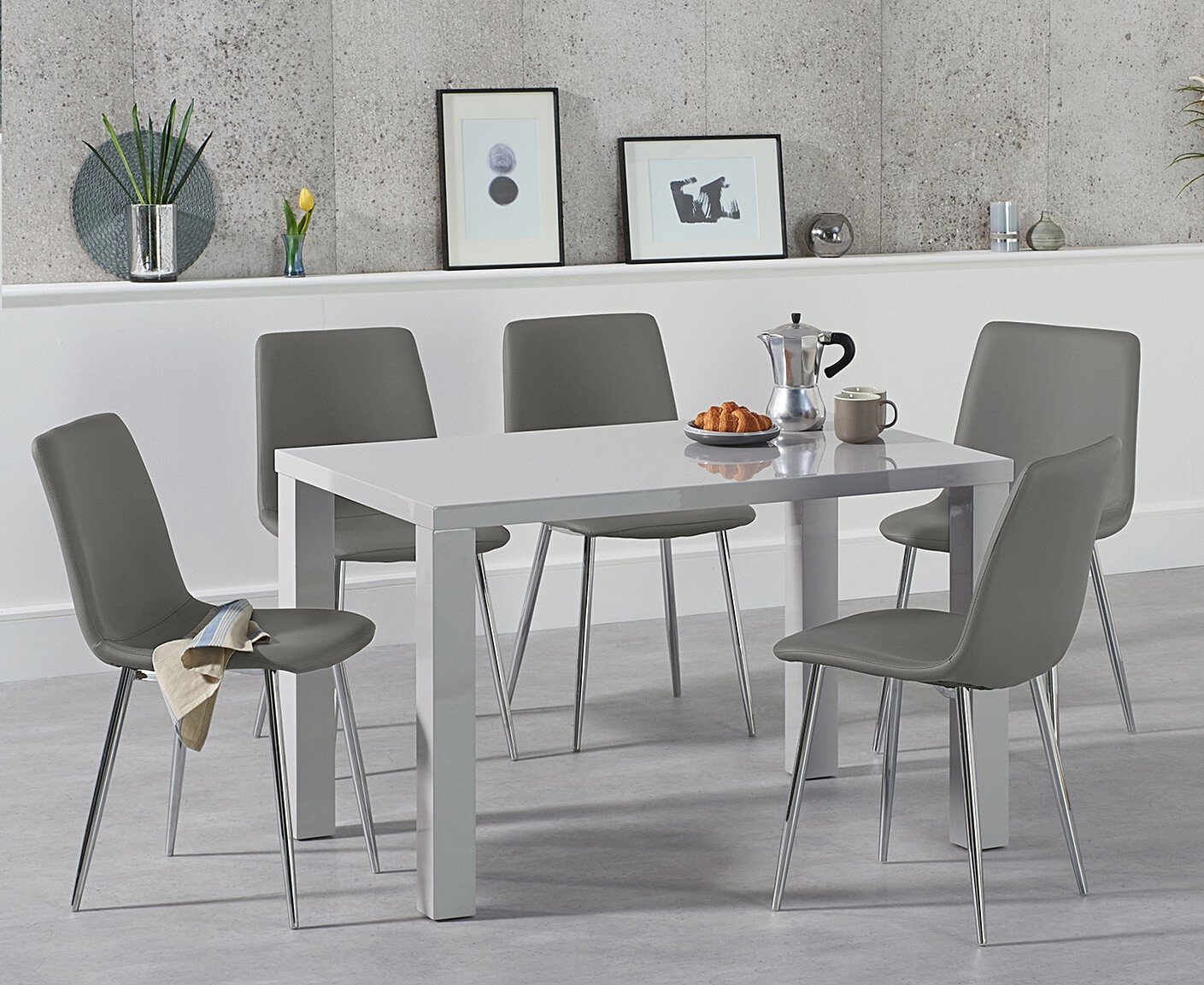 Seattle 120cm Light Grey High Gloss Dining Table With 6 Grey Chairs