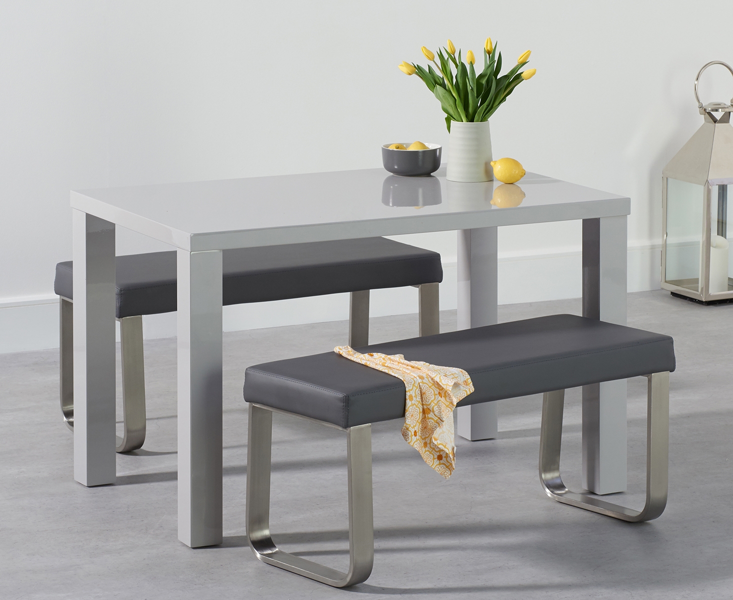 Product photograph of Seattle 120cm Light Grey High Gloss Dining Table With Austin Benches from Oak Furniture Superstore