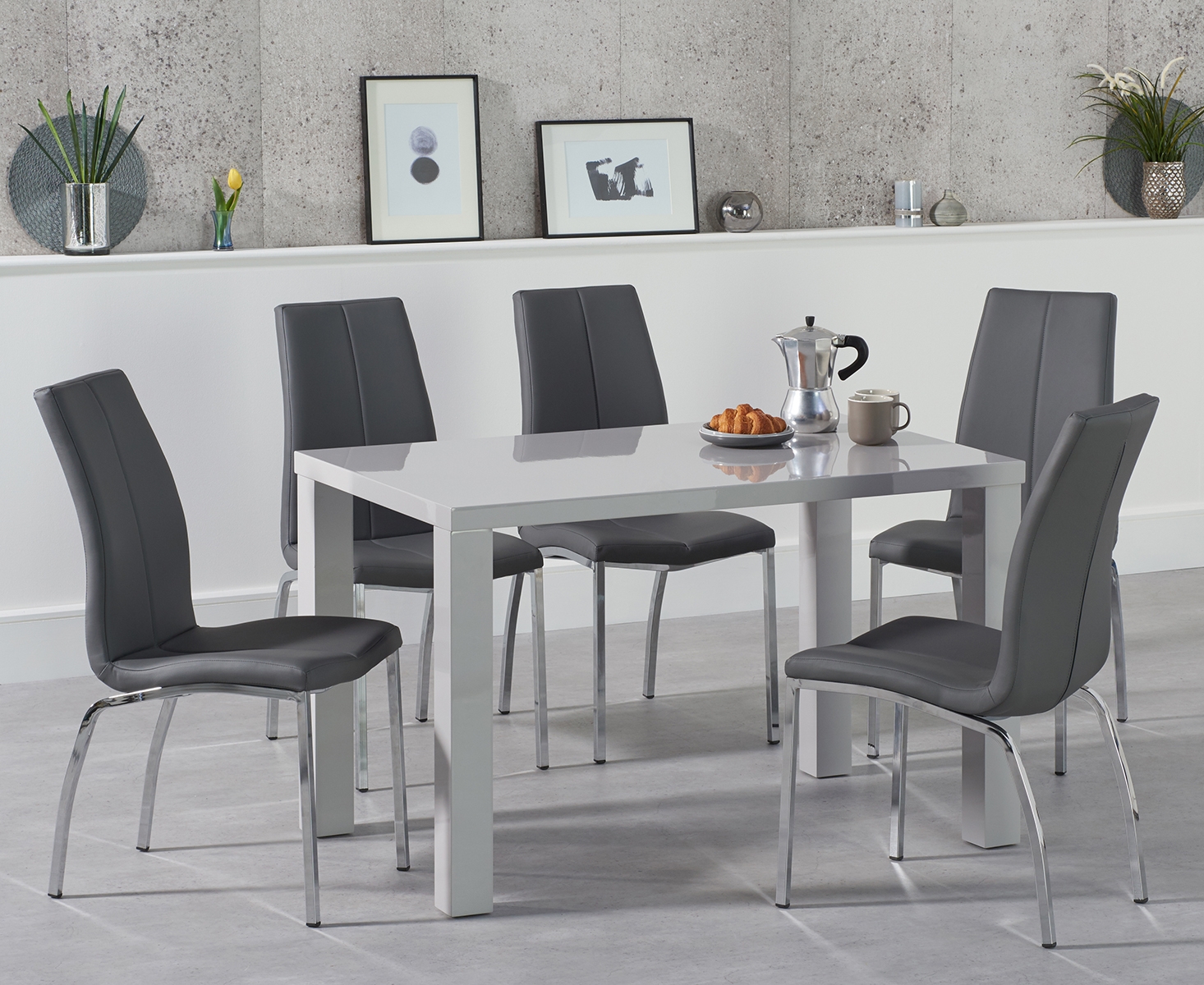 Product photograph of Seattle 120cm Light Grey Gloss Dining Table With 6 Grey Marco Chairs from Oak Furniture Superstore