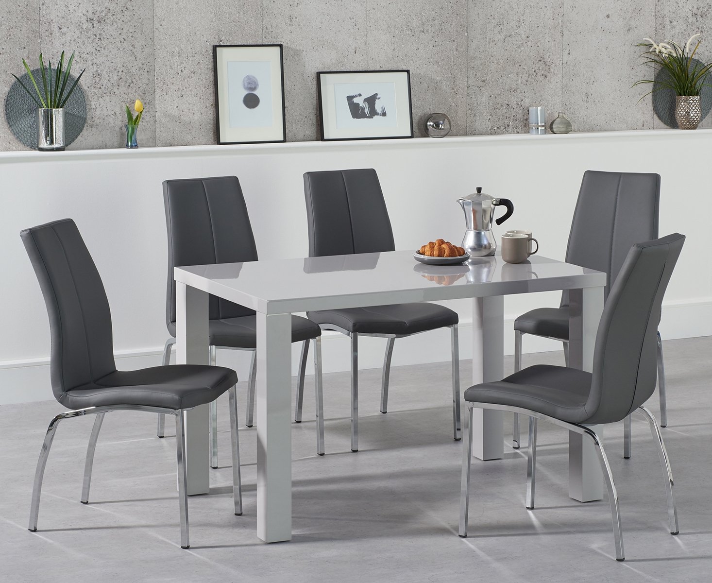 Product photograph of Seattle 120cm Light Grey High Gloss Dining Table With 6 White Marco Chairs from Oak Furniture Superstore