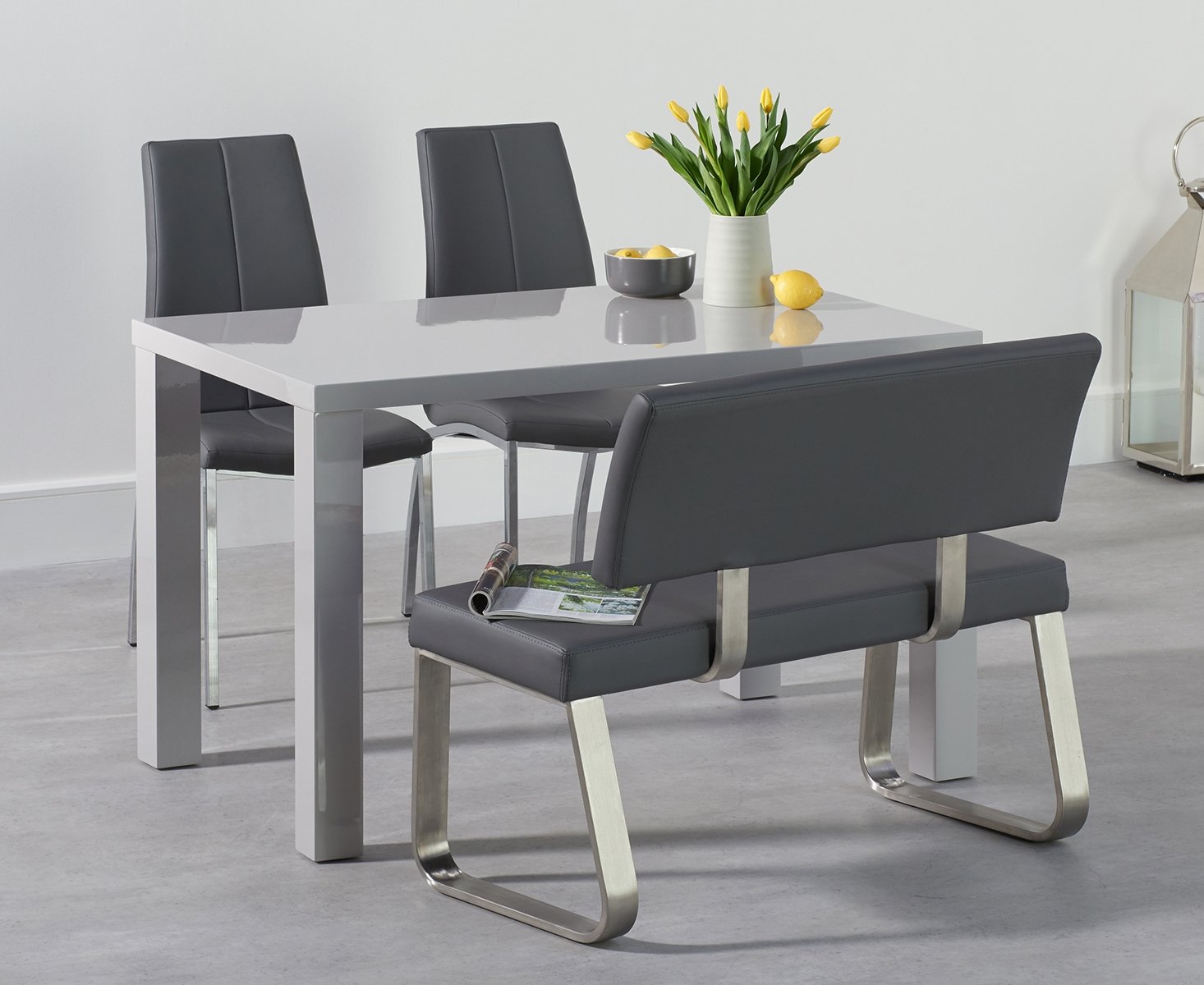 Product photograph of Seattle 120cm Light Grey High Gloss Dining Table With 2 Grey Marco Chairs With 2 Grey Benches from Oak Furniture Superstore