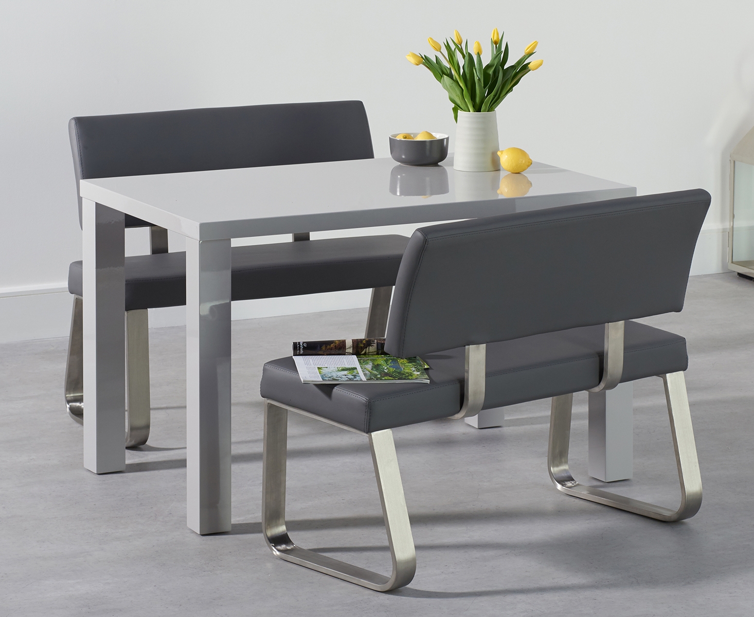 Product photograph of Atlanta 120cm Light Grey High Gloss Dining Table With Malaga Benches from Oak Furniture Superstore