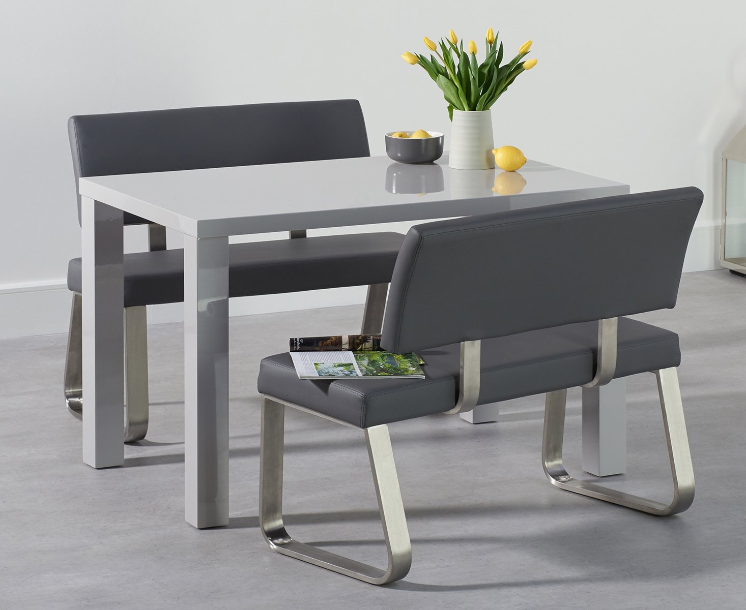 Product photograph of Atlanta 120cm Light Grey High Gloss Dining Table With Malaga Benches from Oak Furniture Superstore