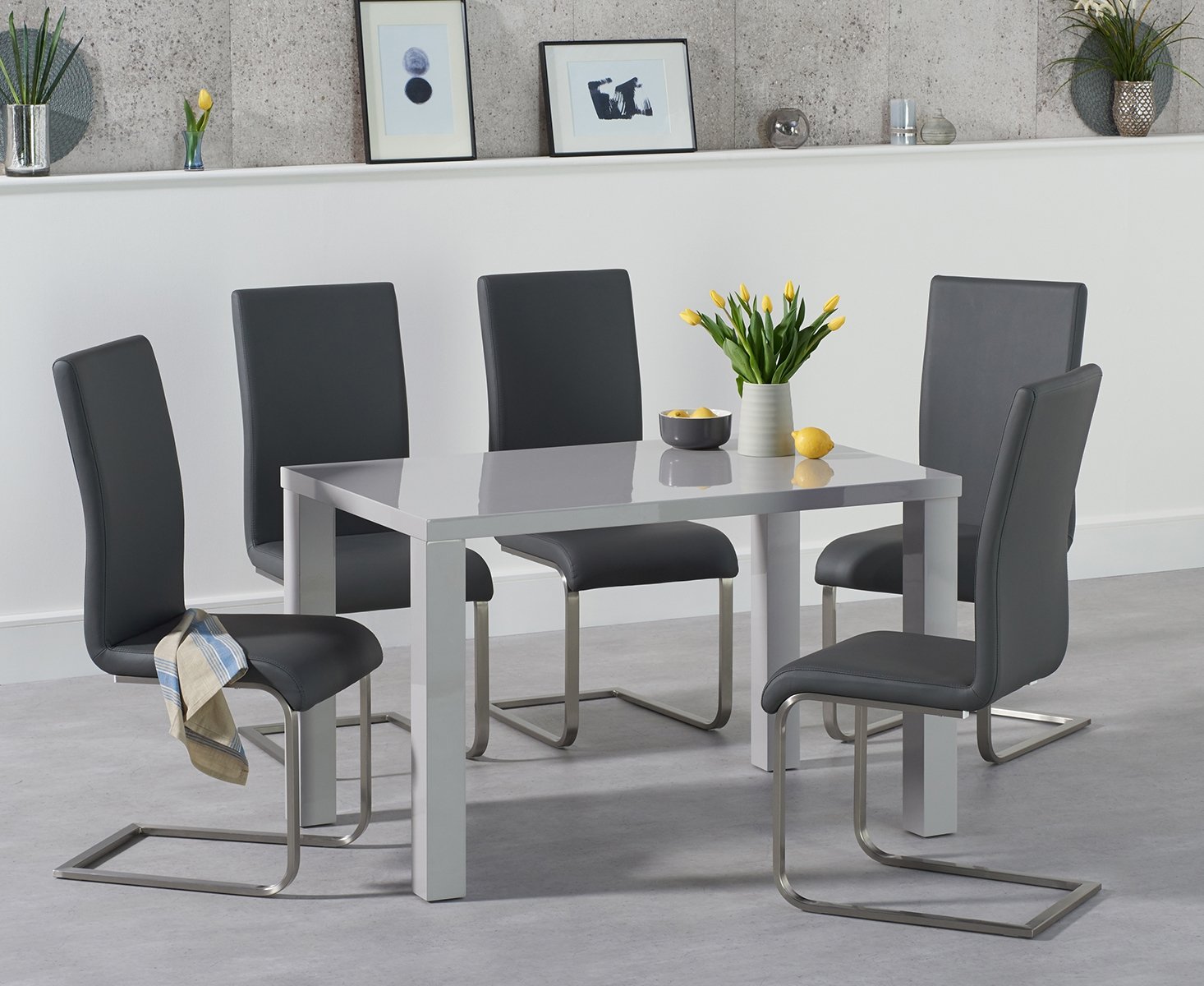 Product photograph of Seattle 120cm Light Grey High Gloss Dining Table With 6 Grey Austin Chairs from Oak Furniture Superstore