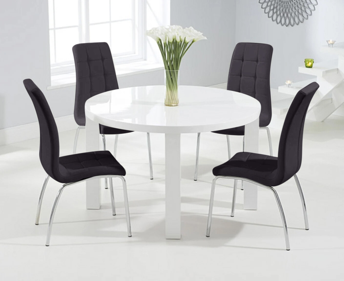 Photo 3 of Atlanta 120cm round white high gloss dining table with 4 grey enzo chairs