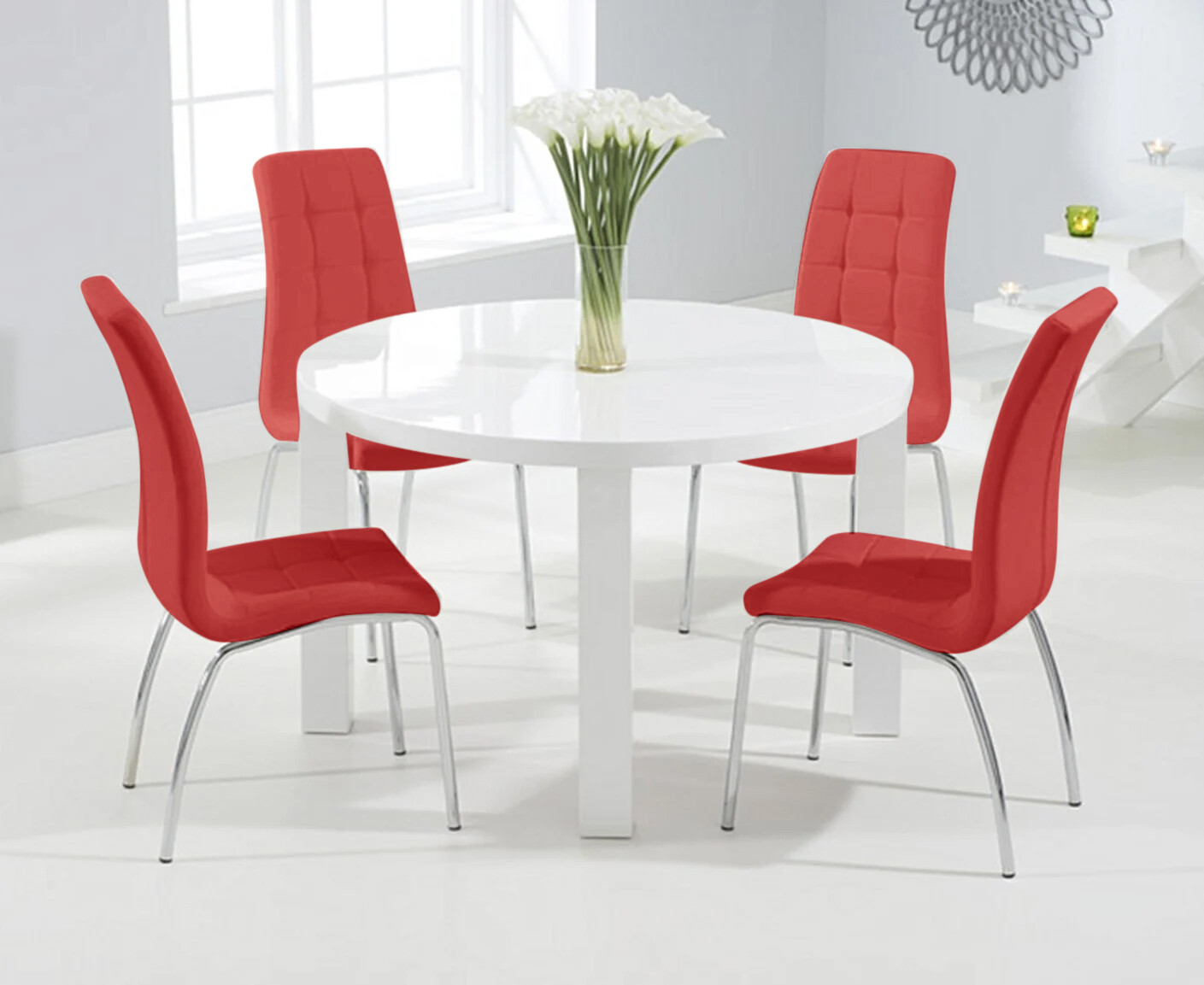 Product photograph of Atlanta 120cm Round White High Gloss Dining Table With 4 Grey Enzo Chairs from Oak Furniture Superstore