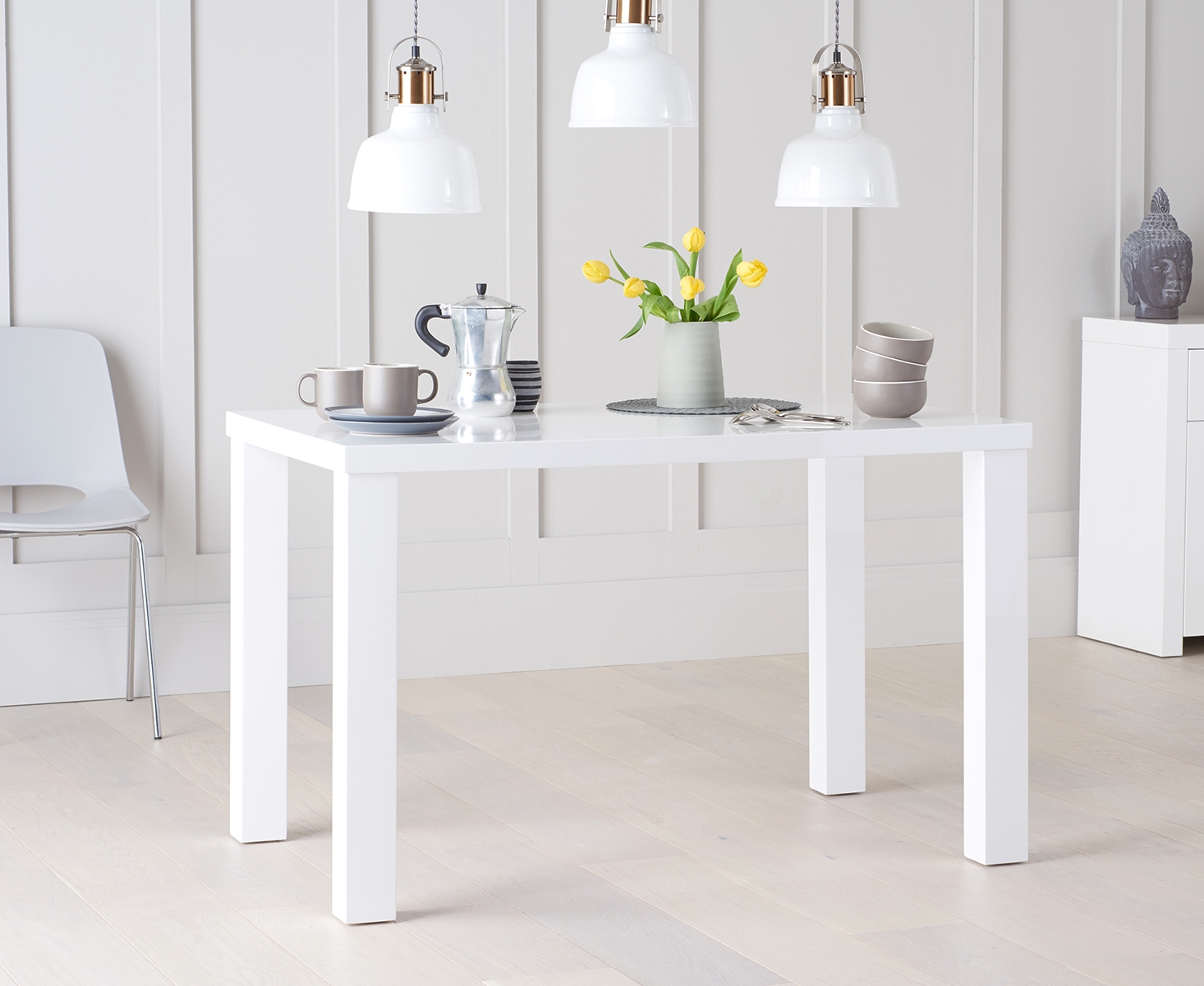 Photo 1 of Seattle 120cm white high gloss dining table with 4 white marco chairs and 1 austin grey bench