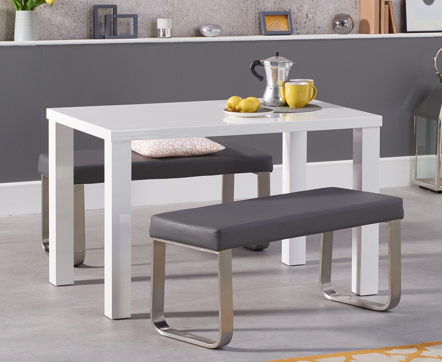 Product photograph of Seattle 120cm White High Gloss Dining Table With Austin Grey Benches from Oak Furniture Superstore