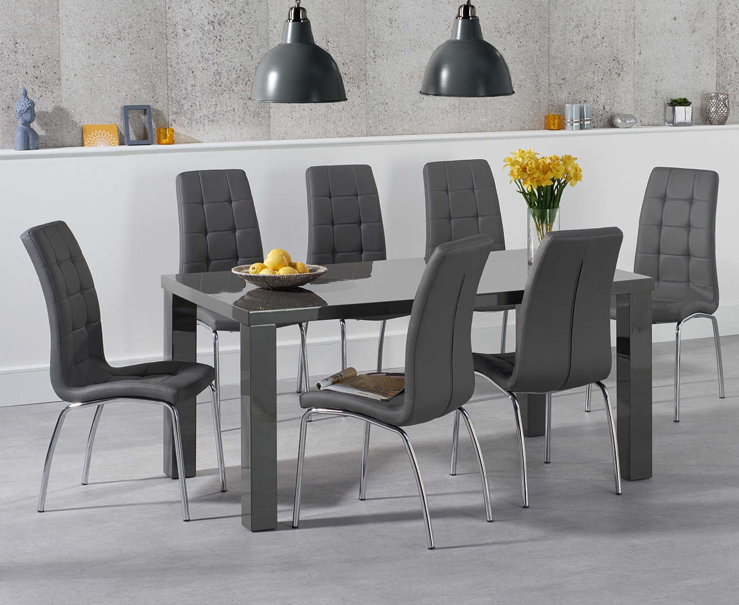 Seattle 160cm Dark Grey High Gloss Dining Table With 8 Black Enzo Chairs