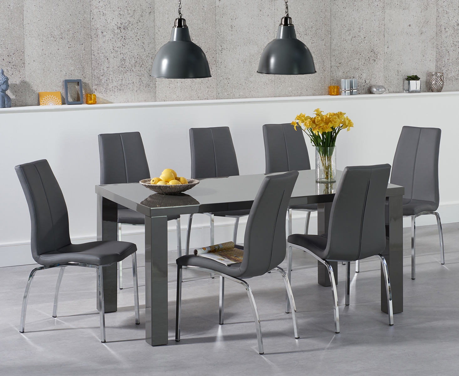 Product photograph of Seattle 160cm Dark Grey High Gloss Dining Table With 8 Ivory White Marco Chairs from Oak Furniture Superstore