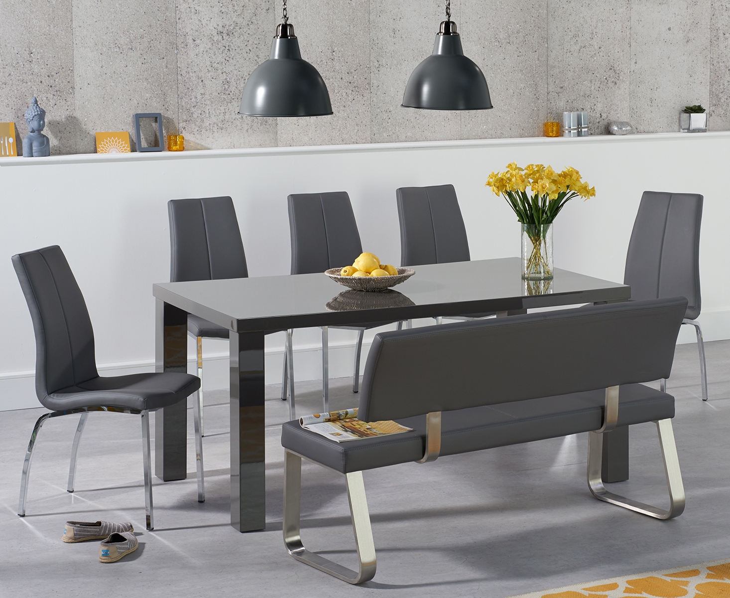 Seattle 160cm Dark Grey High Gloss Dining Table With 2 Grey Marco Chairs With 1 Grey Bench