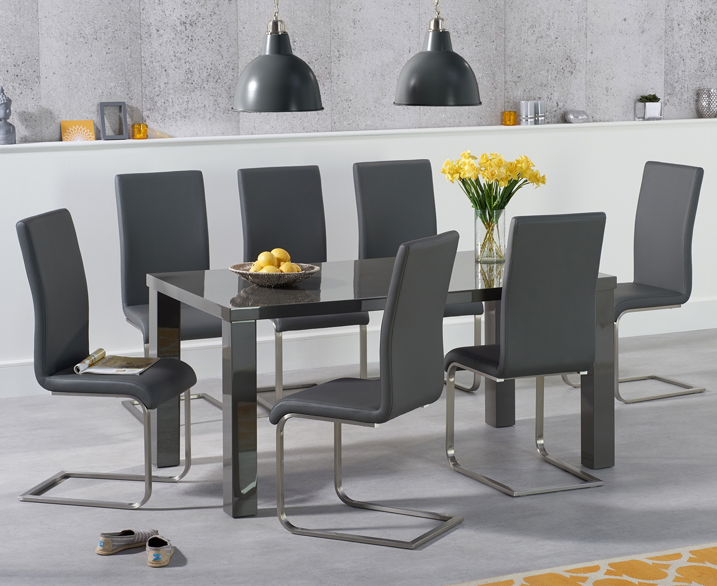 Seattle 160cm Dark Grey High Gloss Dining Table With 6 Black Austin Chairs