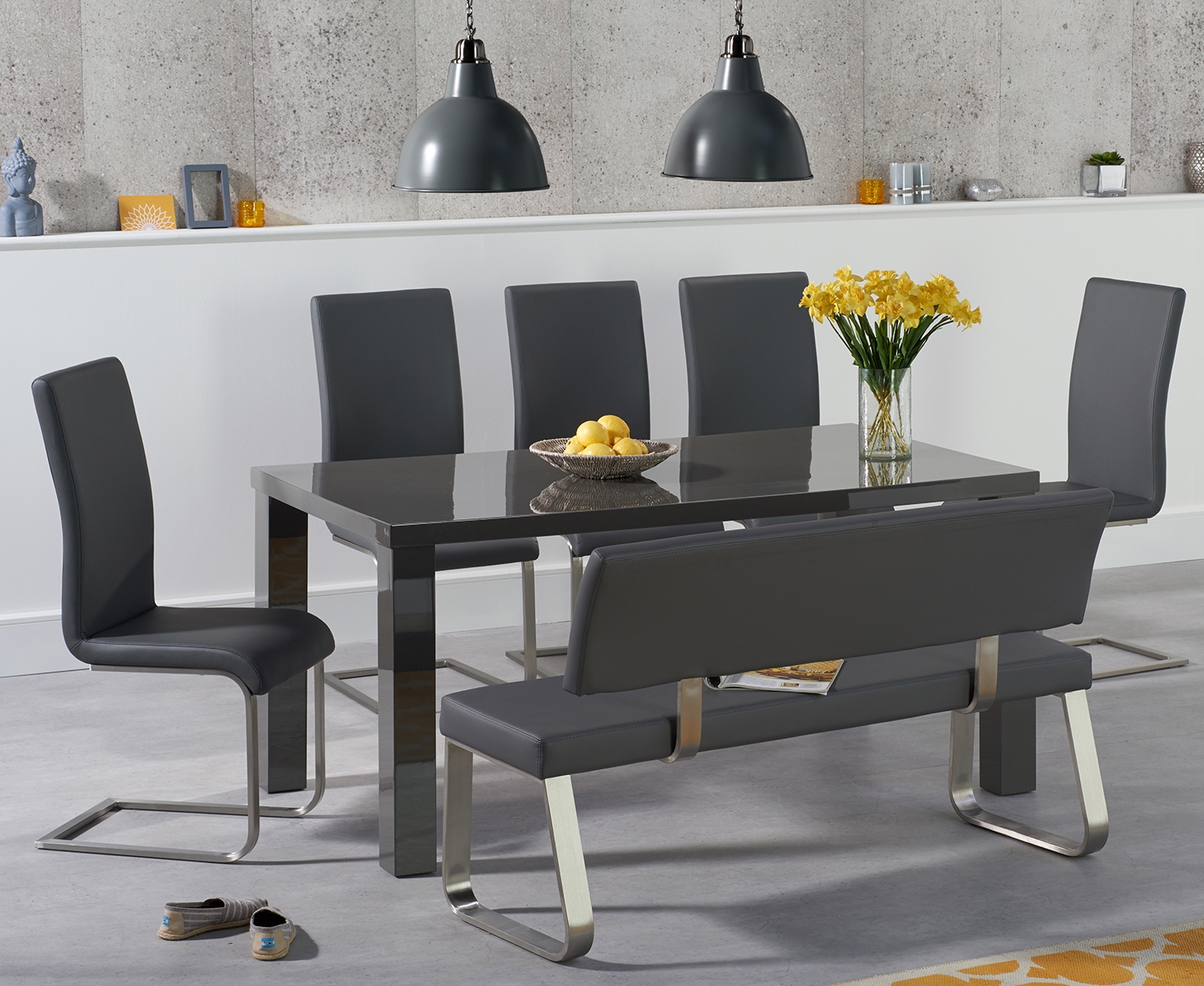 Seattle 160cm Dark Grey High Gloss Dining Table With 4 Grey Austin Chairs With 1 Grey Bench